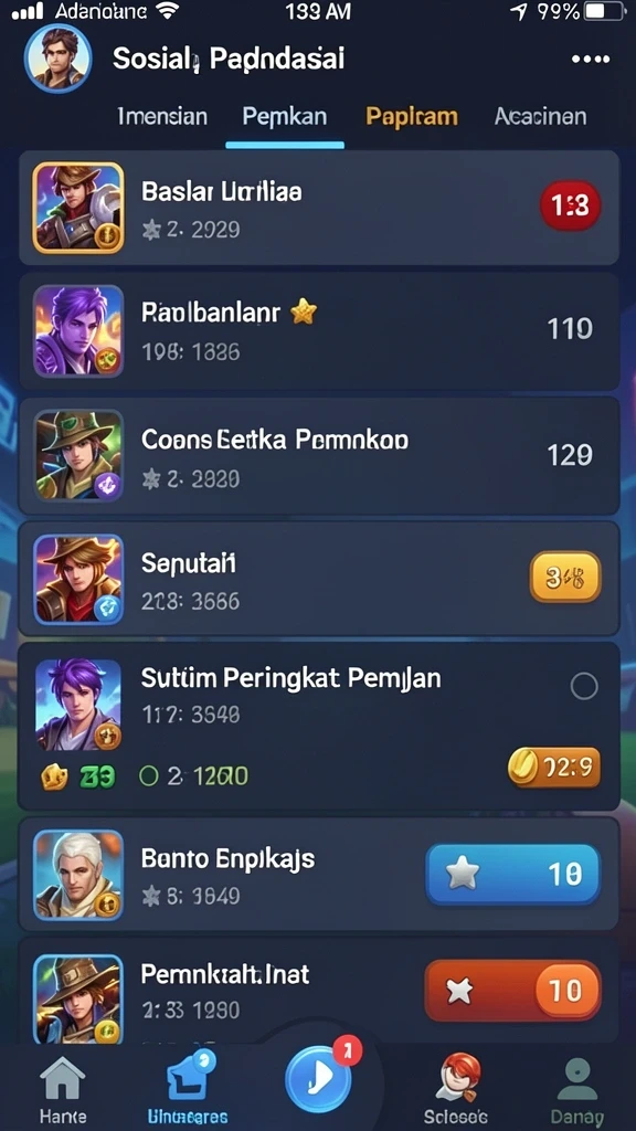 Screenshot fitur sosial untuk berinteraksi dengan pemain lain.